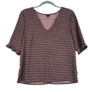 Ann Taylor Womens Top Size Small Brown Blue Geometric‎ Print Short Sleeve